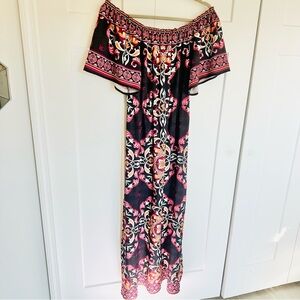 Vibrant Off-Shoulder Maxi Dress - Black and Pink